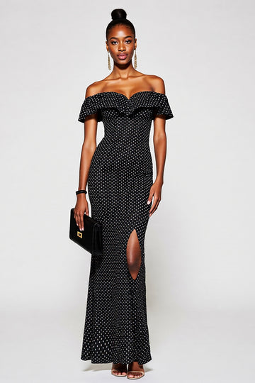 Black Off the Shoulder White Polka Dot Formal Dress with Slit